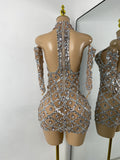 Luxury Women Sexy Sparkly Sequins Halter with Sleeves Mesh Mini Bodycon Nightclub Birthday Dress Party Performance Costume