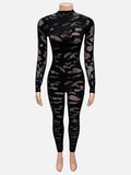 Irregular Mesh Patchwork Jumpsuit Women o-Neck Full Sleeve Sexy Hottie Stretch Skinny Hipster Fashion Street Clubwear