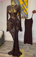 Fall Women Long Sleeve Stacked Mesh See Though with Lining Bodycon Long Dress Evening Birthday Sexy Party Dresses