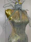 Sexy Sparkly Rhinestones Sleeveless Mesh See-Through Mini Dress Women Eveing Party Dancer Bar Nightclub Stage PhotoShoot Costume