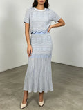 Elegant Two Piece Set For Women Multi Color Hollow Wave Knit Short Sleeve Crew Neck Scallop Hem Maxi Skirt For Daily Commute