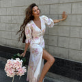 Elegant Women's Printed Pleated Dress Slim Short Bubble Sleeve V-neck Split Dresses 2026 Spring Summer Lady Fashion Holiday Robe