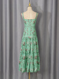 Boho Garden Parties Floral Print Maxi Sundress for Square Collar Sleeveless High Waist Slim Tiered Skirts for Casual Outings