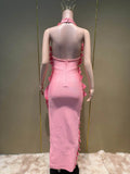 Elegant 3D Flower Applique Halter Maxi Dress Sexy Off Shoulder Backless Ruffled Bodycon Bandage Celebrity Evening Party Gowns