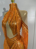 Women Sparkly Diamond Orange Tassel Latin Dance Outfits Long Sleeves Mesh Transparent Dress Bar Nightclub Party Club Stage Wear