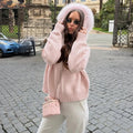 Women Hooded Knit Cardigan Sweater Coat Fluffy Faux Fur Collar Two Way Zip Solid  Loose Casual Jacket 2026 Autumn Winter