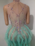 Sexy Sleeveless Mesh Ruffled See Through Long Dress Sparkly Rhinestone Eveing Birthday Party Nightclub Bar Singer Stage Costume