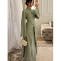 Chic Oriental Slim Long Dress Set Women Casual Stand Collar Full Sleeve Knot Button Slit Hem Suit Spring Lady Street Wears New