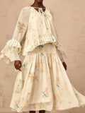 Prairie Chic Two Piece Set for Women V Neck Long Sleeve Patchwork Ruched Top High Waist A Line dress Printed Outfits Female