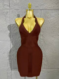 Neck-length V-neck Bandaged Halter Dress with A Fitted Bottom Hem  Sleeveless Form-fitting Cocktail Dress for Formal Parties