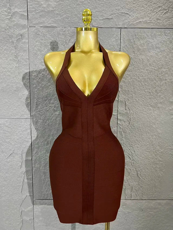 Neck-length V-neck Bandaged Halter Dress with A Fitted Bottom Hem  Sleeveless Form-fitting Cocktail Dress for Formal Parties
