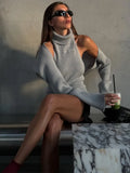 Women's Ribbed Knit Turtleneck Cutout Shoulder Halter Vest Long-Sleeved Shawl 2-Piece Set Slim Y2K Sexy Street Autumn Top