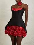 Sexy Party Spliced 3D Rose Dress for Women Strapless Sleeveless High Waist Hit Color Tutu Dresses with Necklace Female New