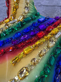 Luxurious Rainbow Fringe Dress with Rhinestone Detail and Single Sleeve Ideal Nightclub Women Carnival Party Rave Outfit