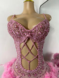 Luxury Women Sexy Shiny Crystal Feathers Hollow Out Bodysuit Nightclub Performance Dance Costume Nightclub Singer Stage Wear