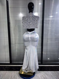 Luxury Women Sparkly Crystal Mesh See Through 2 Pieces Long Gowns Dress Elegant Evening Party Celebrity Red Carpet Outfit