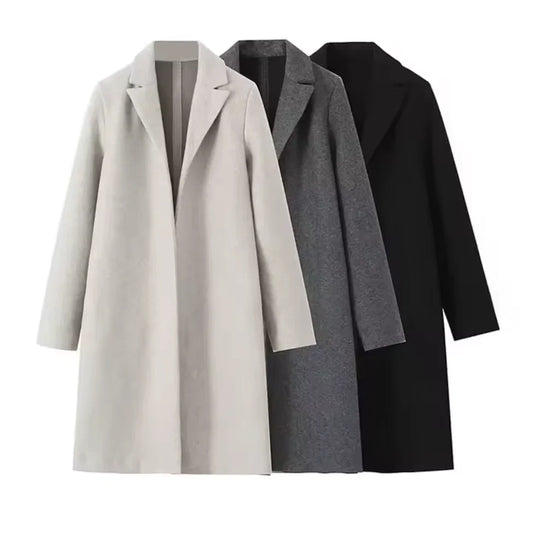 Women Woolen coat Fashion Solid Open Stitch Long Trench Coats Vintage V-Neck Full Sleeves Female Chic Lady Outfits