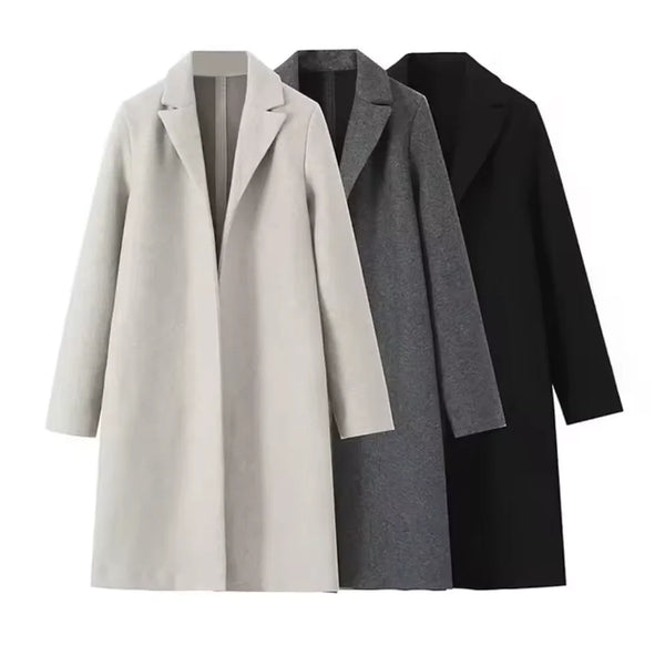 Women Woolen coat Fashion Solid Open Stitch Long Trench Coats Vintage V-Neck Full Sleeves Female Chic Lady Outfits