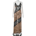 Mesh Patchwork Mermaid Dress Women Leopard Print Sexy Low-Neck Cleavage Backless Ruched Midnight Fashion Long Bodycon