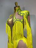 Yellow Tassel Stretch Bodycon Jumpsuit Nightclub Gogo Dance Clothing Dj Rave Outfit Nightclub Party Singer Performance Outfit