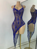 Sparkly Gold Design Evening Party Dress Luxury Rhinestones See Through Sexy Women's Clothing Mesh Stretch Birthday Dresses