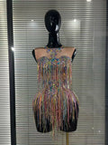 Colorful Tassels Women Sexy High Stretch Bodycon Bodysuit Vening Dress Night Club Dancer Performance Costume