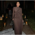 Irregular Brown Lace Uppleated Maxi Dresses Elegant Women's Full Sleeve Slim Fit Patchwork Robes 2025 New Evening Party Gowns