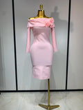 Women Sexy Off Shoulder Pink Flower Mini Bodycon Bandage Dresses Celebrity Elegant Evening Party Nightclub Wedding Clothing