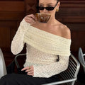 Chic Off The Shoulder Apricot Jacquard Knit T Shirt for Women Slimming Long Sleeve Ruched Design for Romantic Dates