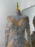 Sparkly Sequins  Gold Silver Mini Dress Women Sexy Split Nightclub Party Performance Dresses Birthday Celerbity Stage Outfit