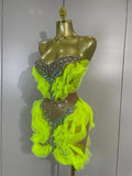 Sexy Sparkly Diamonds Strapless Mesh Ruffled See Through Mini Dress Women Eveing Party Birthday Nightclub Bar Stage Show Costume