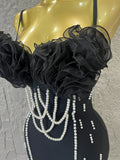 Elegant Black Bodycon Dress with Pearl Embellishments and Tulle Rose Bustier Ideal for Women Formal Event Evening Party
