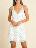 White Cozy Homewear Lace Trim Polka Dot Mini Slip Dress for Women Slim Satin Fabric Nightgown for Pajama Parties