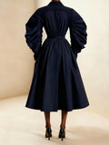 Retro Modern Tunic Design Coat for Women Lapel Puff Sleeve Splied Double Breasted Navyblue Midi Length Jackets Female Autumn