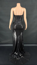 New European American Fashion Y2K Party Sexy Gold Backless Top Slit Long Skirt Floor-Length Feathers Tassels Patterns Beading