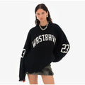 Women's Letter Printing Knit Sweater Fashion O-neck Distressed Hem Oversized Pullover Lady Autumn Casual Streetwear Tops