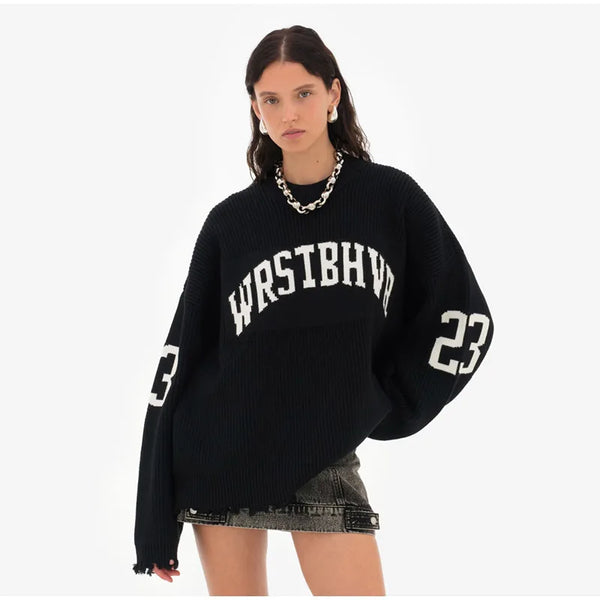 Women's Letter Printing Knit Sweater Fashion O-neck Distressed Hem Oversized Pullover Lady Autumn Casual Streetwear Tops