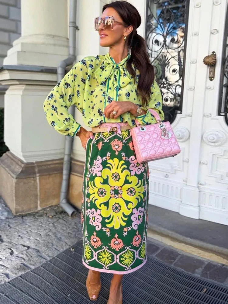 Bow Tie Neck Women Floral Print Set Long Puff Sleeve Cuff Trim Loose Blouse Vibrant Ethnic Midi Skirt Straight Hem Street Daily