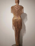 Women Sexy Mesh Sparkly Rhinestone Tassels Stretch Long Dress Evening Nightclub Singer Dance Stage Costume Luxury Birthday Gowns