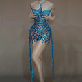 Women's Two-piece Peacock Blue Sequined Rhinestone Tube Top Halter Sheer Dress Fashion Hot Party Stage Performance Evening Gown