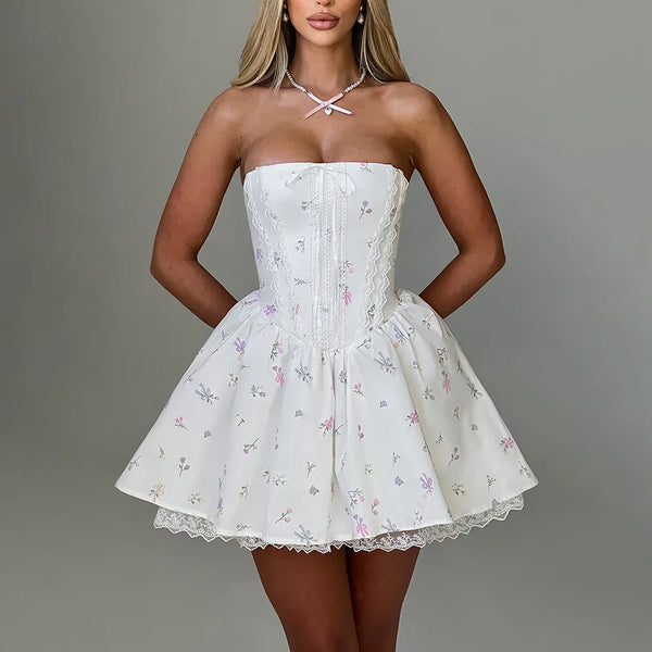 Colorblock Printing Designer Dresses For Women Strapless Sleeveless High Waist A Line Dress Female Fashion Style