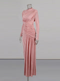 Elegant Slim Fit Folds Irregular Long Dress Fashion Women Long Sleeve Diagonal Collar Robes 2025 Chic Party Banquet Wear