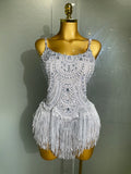 Sparkly Silver Rhinestones Pearl Tassels Bodysuit 2025 New Women Sexy Eveing Birthday Party Nightclub Stage Performance Costume