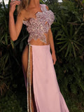 Sequin Flowers 2Piece Set Women Sexy Beach Vacation y2k Chic Skew Collar Tank Tops+Bandage Maxi Split Skirts Clubwear