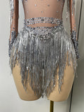 Sparkly Crystal Diamond Sexy Sheer See Through Shining Tassels Dress Long Sleeve Prom Dress Birthday Party Performance Dress