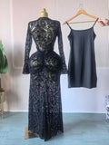 Fall Women Long Sleeve Stacked Mesh See Though with Lining Bodycon Long Dress Evening Birthday Sexy Party Dresses