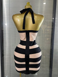 Women Sexy Halter Off the Shoulder Patchwork Bodycon Mini Bandage Dress Nightclub Party Celebrate Evening Cocktail Outfit