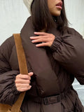 Solid Casual Basics Down Jacket for Women V Neck Long Sleeve Tunic Patchwork Sashes Slimming Elegant Coat Female