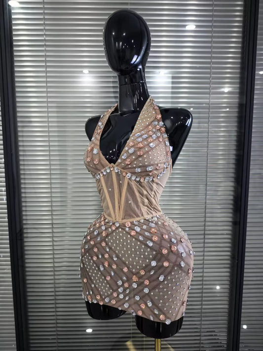 Women Sexy Halter Shining Crystal Bodycon Mini Dress Off the Shoulder Celebrate Nightclub Party Birthday Photoshoot Wear
