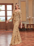 Luxury Evening Dress Women Half Sleeve Mermaid Formal Sequin Prom Maxi Dress Elegant Wedding Party Cocktail Graduation Gown